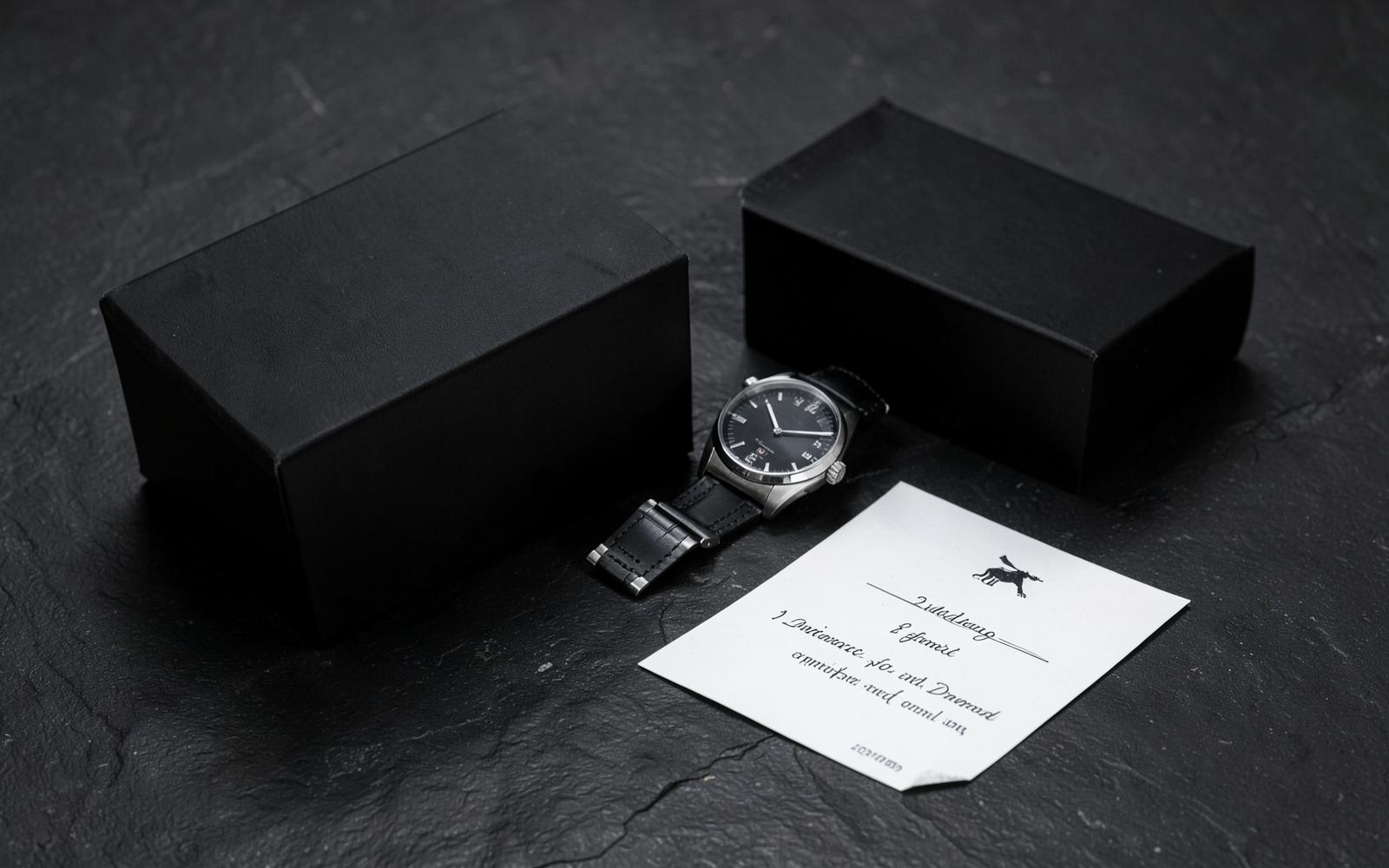 ClarksFabrication Chronograph A-01 neben seiner Box mit nummeriertem Zertifikat