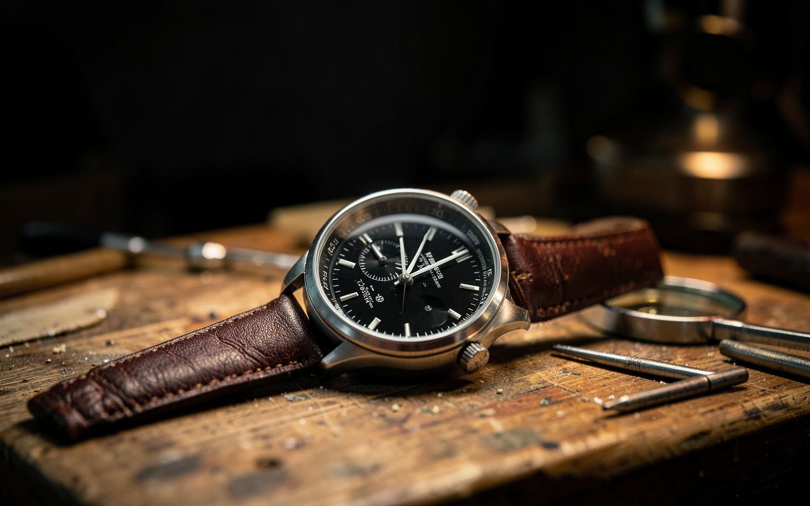 ClarksFabrication Chronograph A-01 auf einer Holzwerkbank in einer Uhrmacherwerkstatt